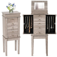 Standing Jewelry Armoire Cabinet with Flip Top Mirror, 5 Drawers & 2 Swing Doors, Velvet Lined Jewelry Storage Organizer for Necklaces Rings