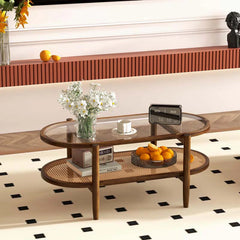 2-Tier Oval Boho Coffee Table with Tempered Glass Top, Rattan Shelf & Acacia Wood Frame, Mid Century Modern Center Table for Living Room Office
