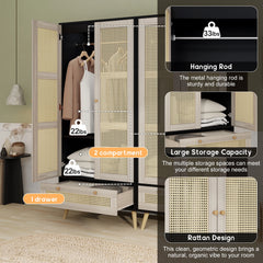 GOMYHOME - Accent Cabinet with Rattan Doors & Drawer, Modern Storage Armoire for Living Room, Bedroom, Natural Wood Finish