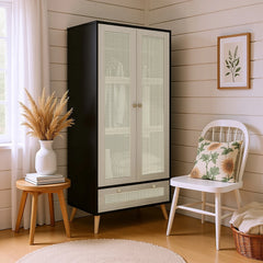 GOMYHOME - Accent Cabinet with Rattan Doors & Drawer, Modern Storage Armoire for Living Room, Bedroom, Natural Wood Finish