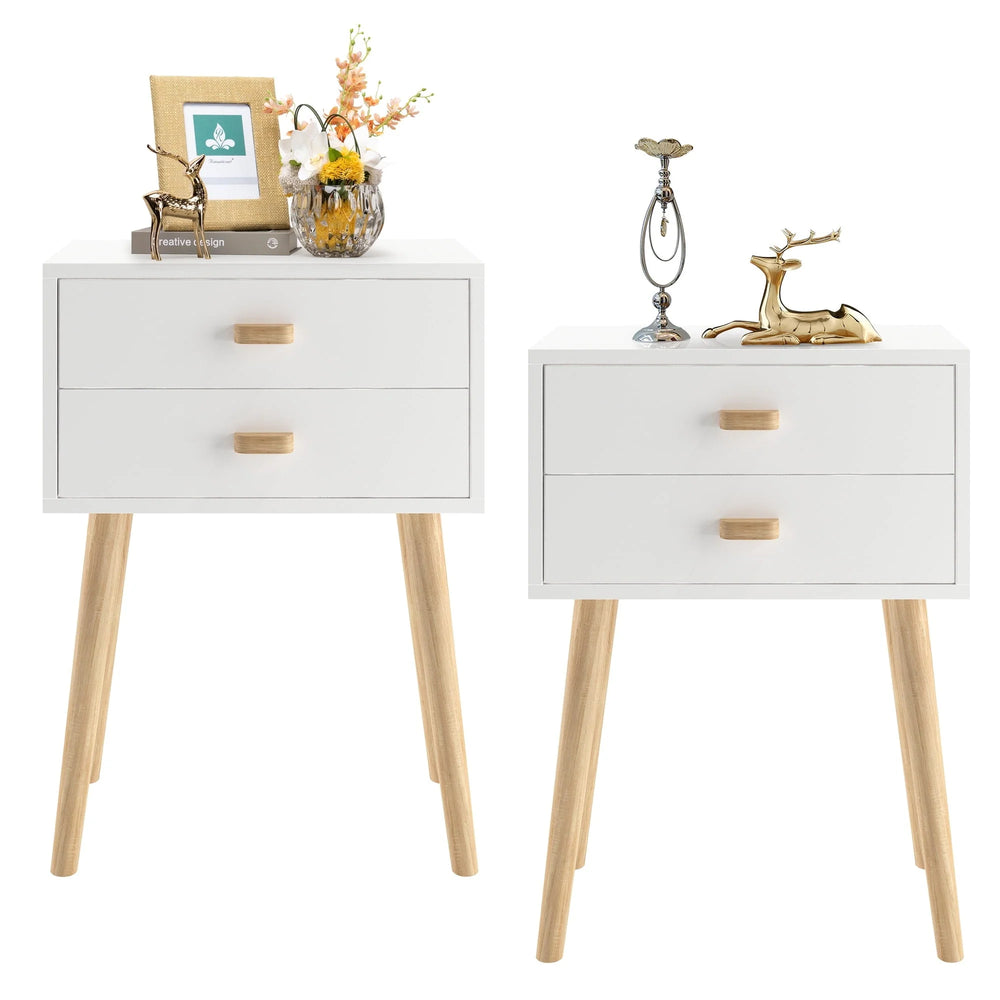 Syngar Nightstand Set of 2, Modern Bedside Tables with 2 Drawers, Storage Shelf and Wood Handles, White Bedroom Furniture
