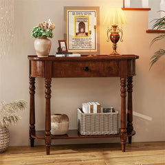 36" 2-Tier Retro Console Table with Storage Drawer & Open Shelf, Solid Wood Narrow Entryway Sofa Table for Living Room, Foyer & Hallway - White
