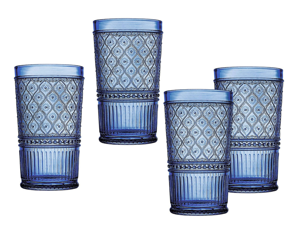 Godinger Highball Drinking Glasses, Tall Glass Cups, Vintage Decor, Water Glasses, Cocktail Glasses Claro Collection, Large 17oz, Blue, Set of 4