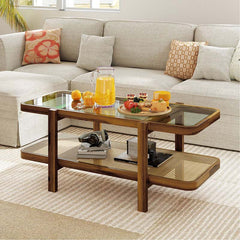 2-Tier Rattan Coffee Table, 47.5" Solid Wood Rectangle Tea Table with Tempered Glass Top & Storage Shelf, Farmhouse Boho Center Table for Living Room