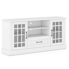 62" Farmhouse TV Stand for 70 Inch TVs, Tall Media Console Table with 2 Glass Doors, Cubbies & Drawer, Storage Cabinet for Living Room - White