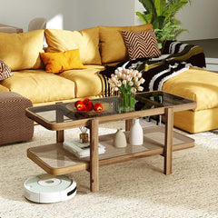 2-Tier Rattan Coffee Table, 47.5" Solid Wood Rectangle Tea Table with Tempered Glass Top & Storage Shelf, Farmhouse Boho Center Table for Living Room