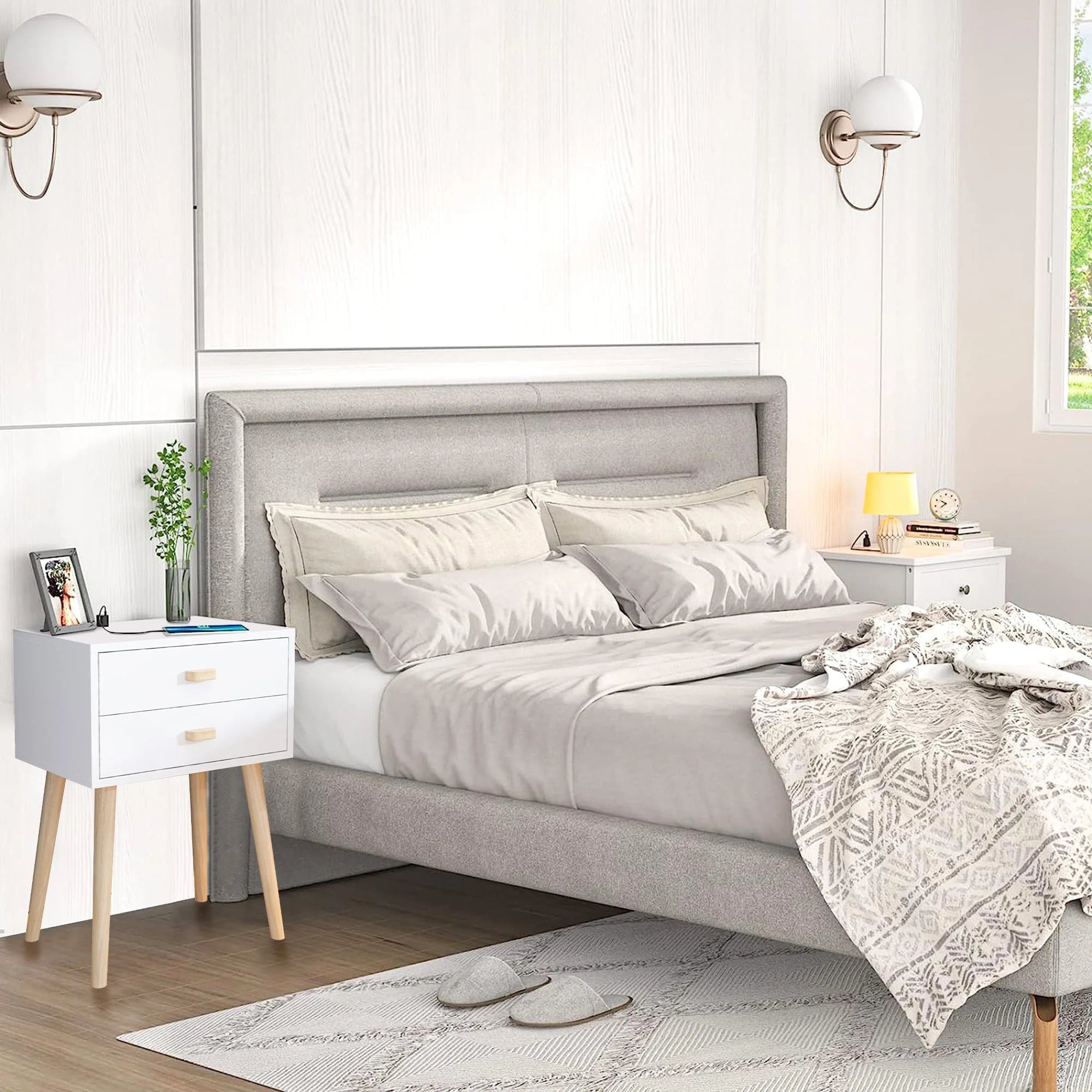 Syngar Nightstand Set of 2, Bedroom Bedside Table with 2 Drawer Storage Shelf, Simple Modern Night Stand End Table with Wood Handle, Easy Assembly, Suitable for Living Room Bedroom Furniture, White