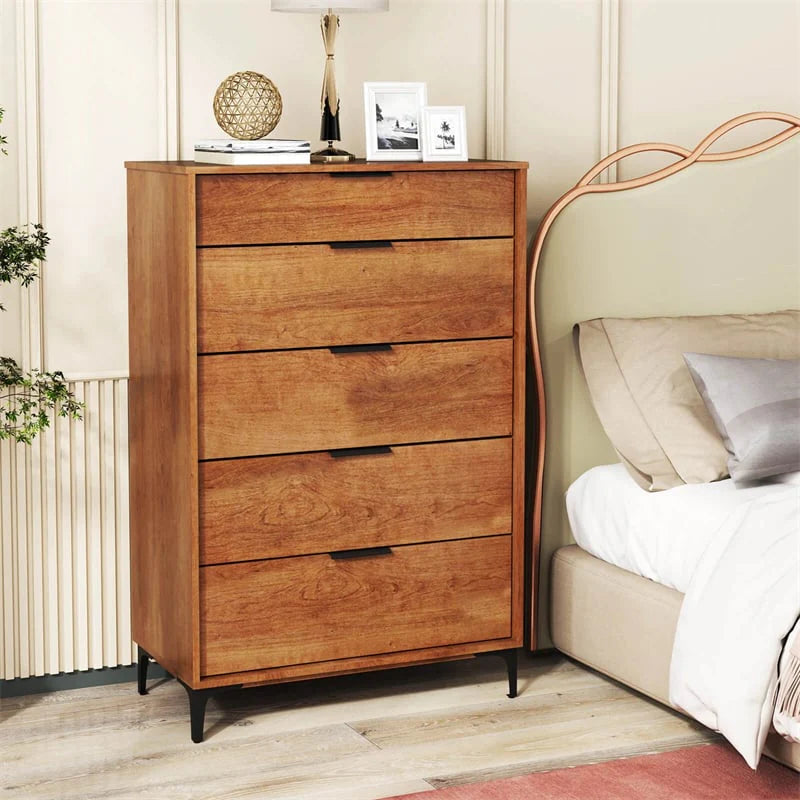 Mid Century Modern 5-Drawer Dresser, Wooden Chest of Drawers with Interlock System, Anti-Tip Kit & Metal Legs for Bedroom, Living Room, Hallway