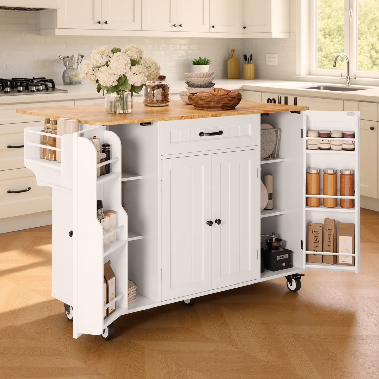 Noelse Kitchen Island with Storage, Island Table for Kitchen with Drop Leaf, Spice Rack, Towel Bar for Small Kitchens, White - Black-Standard