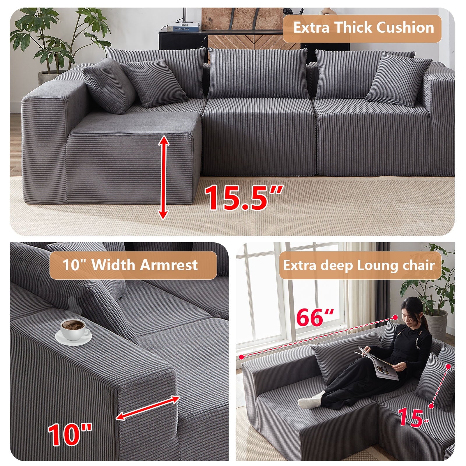 104 - Inch Corduroy Modular L Shaped Sectional Sofa, Luxury Floor Couch Set, Upholstered Indoor Furniture, Foam - Filled Compressed Sofa for Living Room, Bedroom, 4 PC Free Combination ?