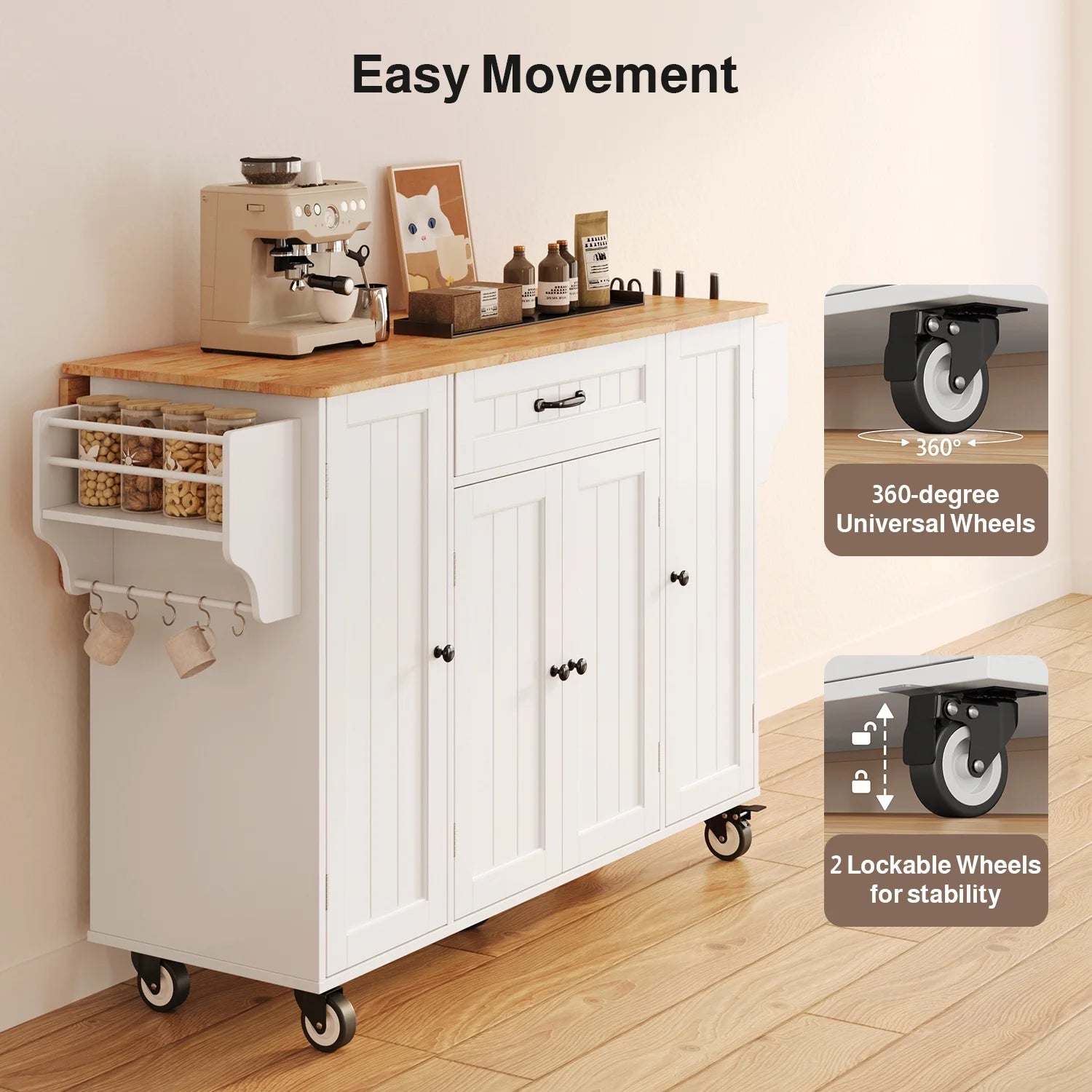 Noelse Kitchen Island with Storage, Island Table for Kitchen with Drop Leaf, Spice Rack, Towel Bar for Small Kitchens, White