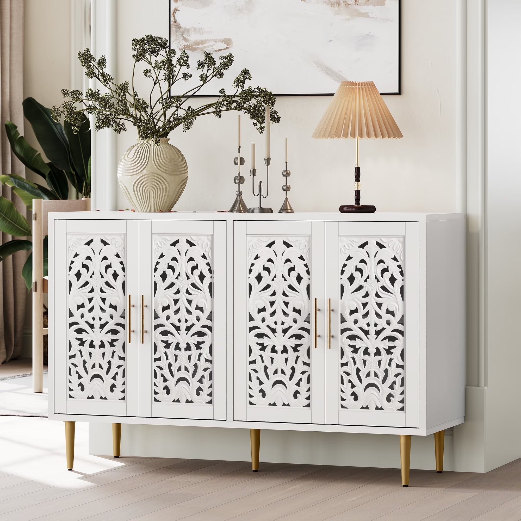 HLR 48" Accent Cabinet with 4 Doors, Vintage Hollow Carving Storage Credenza for Living Room, Kitchen, Dining Room or Entryway