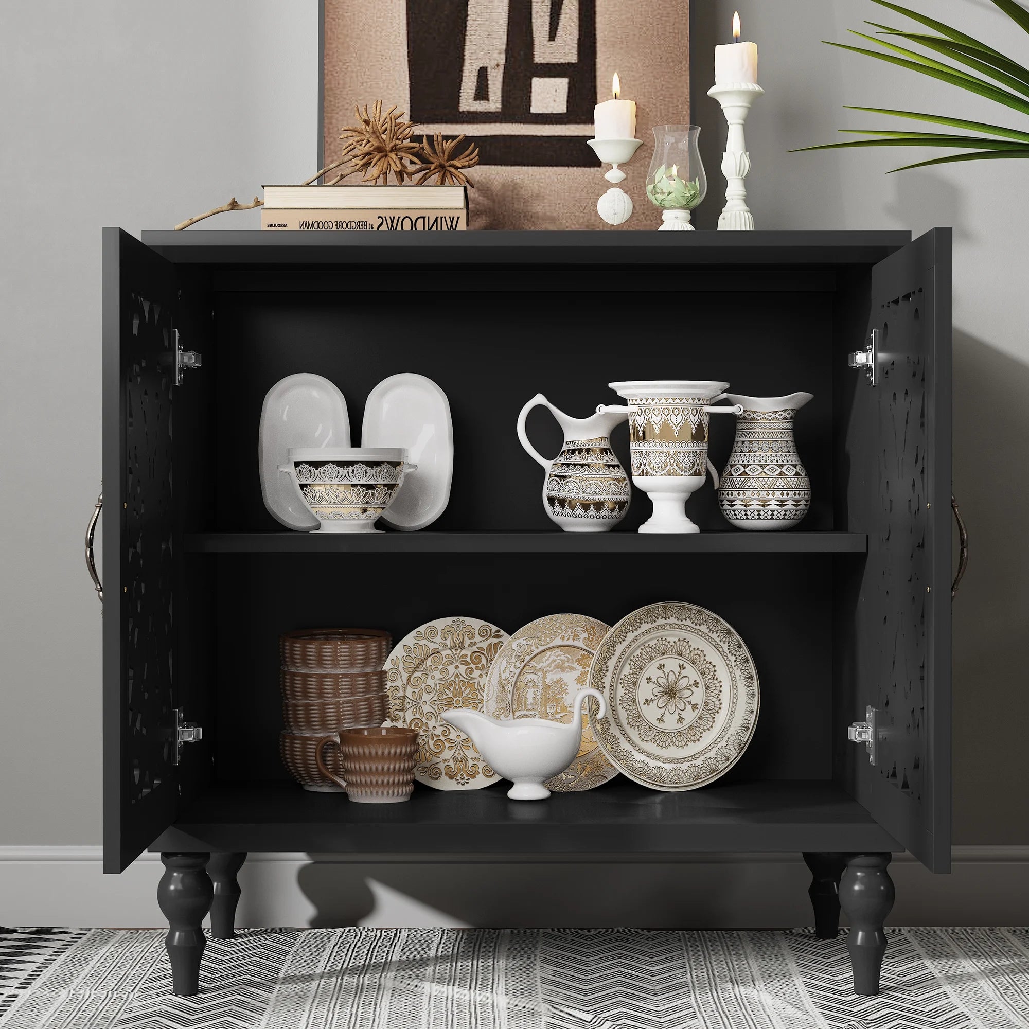 HLR 48" Accent Cabinet with 4 Doors, Vintage Hollow Carving Storage Credenza, Sideboards and Buffets Cabinet for Living Room, Kitchen, Dining Room, Entryway