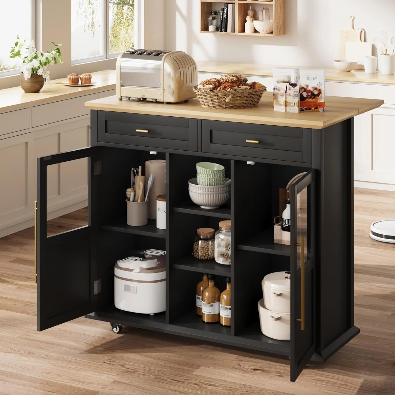 WALYWIK Foldable Kitchen Island Cart with Wheels, 2 Glass Doors, Spice Rack & Towel Holder - Compact Mobile Storage Cart for Small Kitchens, Dining Rooms, Camping & Rvs - Grey