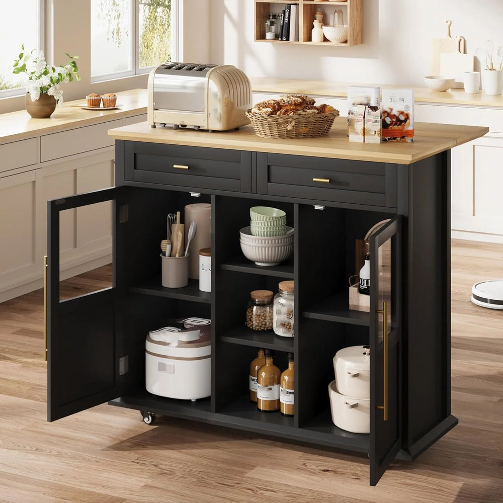 WALYWIK Foldable Kitchen Island Cart with Wheels, 2 Glass Doors, Spice Rack & Towel Holder - Compact Mobile Storage Cart for Small Kitchens, Dining Rooms, Camping & Rvs - Grey