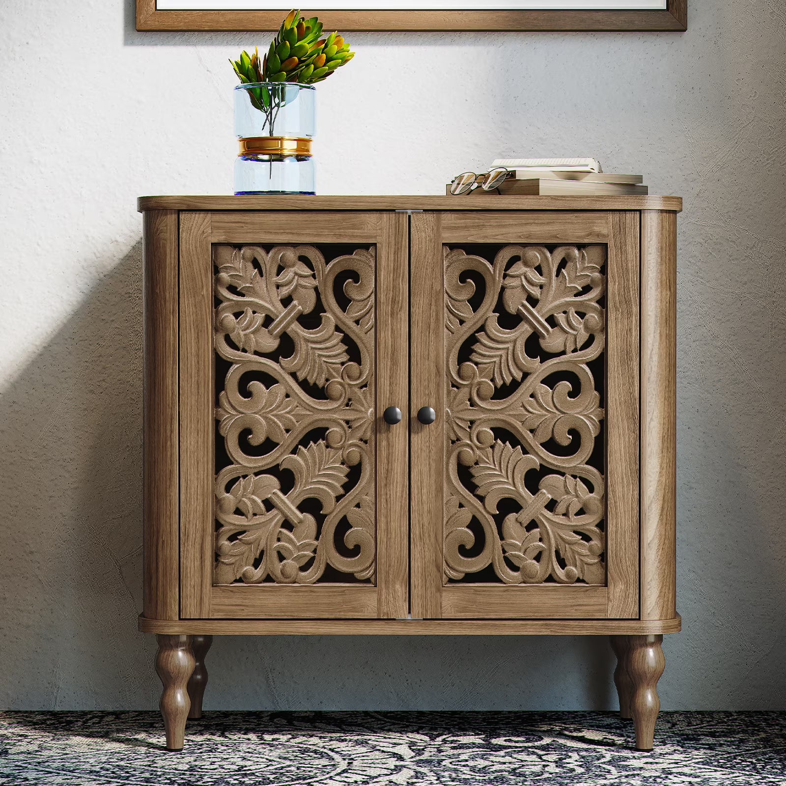 HLR 48" Accent Cabinet with 4 Doors, Vintage Hollow Carving Storage Credenza, Sideboards and Buffets Cabinet for Living Room, Kitchen, Dining Room, Entryway - 31.5"-2door-Blue