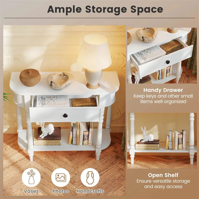 36" 2-Tier Retro Console Table with Storage Drawer & Open Shelf, Solid Wood Narrow Entryway Sofa Table for Living Room, Foyer & Hallway