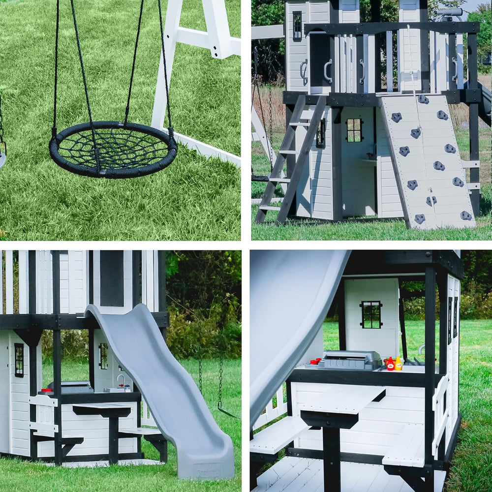 Backyard Discovery Canyon Creek Cedar Wood Swing Set with Wave Slide. Clubhouse. Play Kitchen. Picnic Area. Belt Swings. Web Swing. Rock Wall. Balconies. Playhouse. Step Ladder. Outdoor Playset