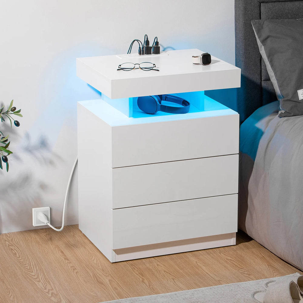 Hommpa LED Nightstand Wireless Charging Station USB Type C Outlets Bedside Table 3 Drawers Black Night Table Modern Smart Nightstand High Gloss End Side Table for Bedroom Furniture 26.8" Tall