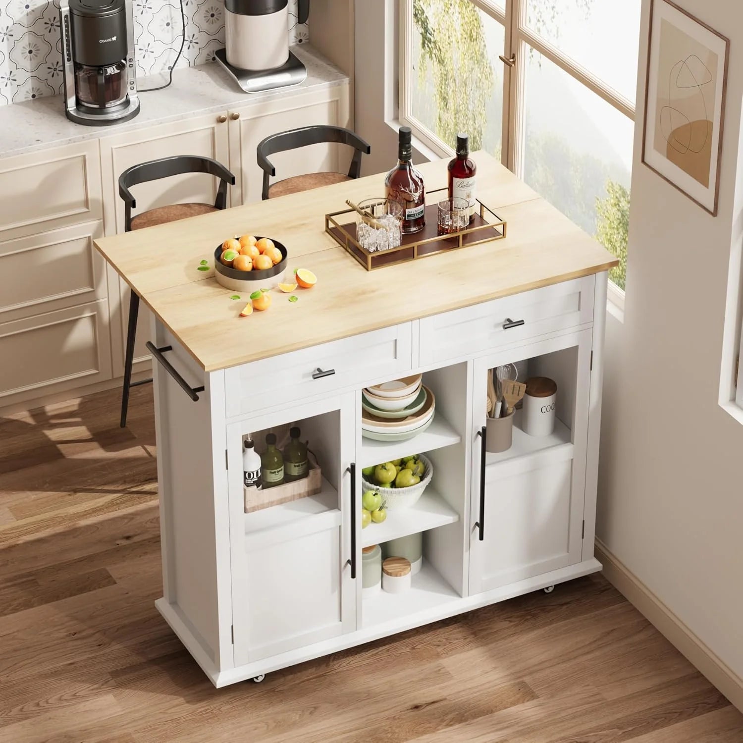 WALYWIK Foldable Kitchen Island Cart with Wheels, 2 Glass Doors, Spice Rack & Towel Holder - Compact Mobile Storage Cart for Small Kitchens, Dining Rooms, Camping & Rvs - Grey