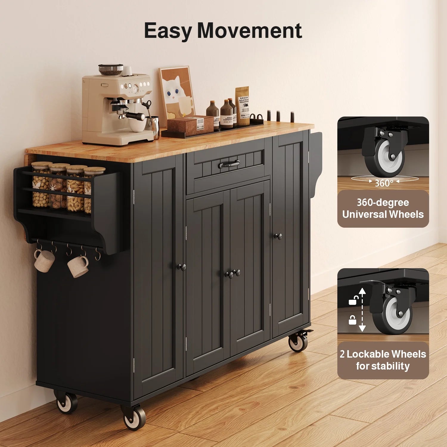 Noelse Kitchen Island with Storage, Island Table for Kitchen with Drop Leaf, Spice Rack, Towel Bar for Small Kitchens, White