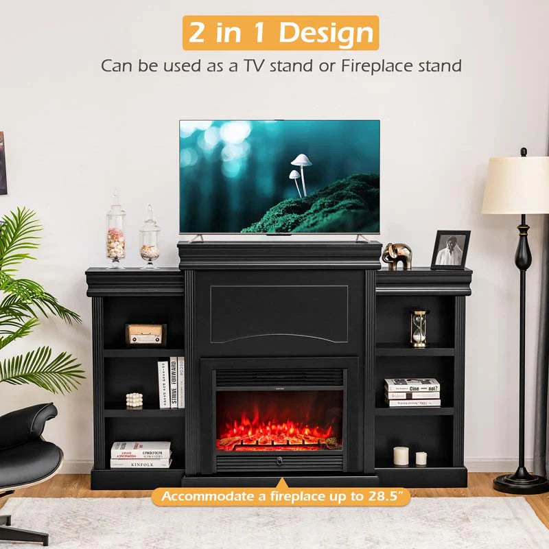 70" Fireplace Mantel TV Stand with Storage Shelves, Freestanding Wood Media Console for 28.5" Fireplace Insert, Living Room & Bedroom