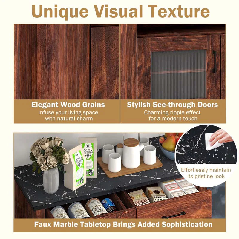 Sideboard Buffet Cabinet, Coffee Bar Cabinet with 2 Drawers, Faux Marble Top, Kitchen Storage Cabinet for Living Room Entryway