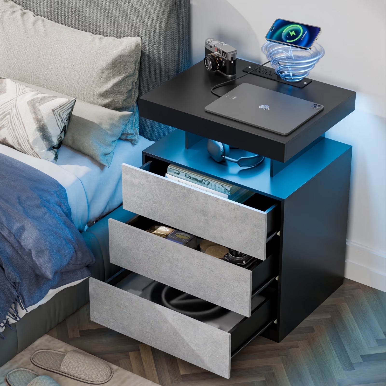 Hommpa LED Nightstand Wireless Charging Station USB Type C Outlets Bedside Table 3 Drawers Black Night Table Modern Smart Nightstand High Gloss End Side Table for Bedroom Furniture 26.8" Tall - White / Single