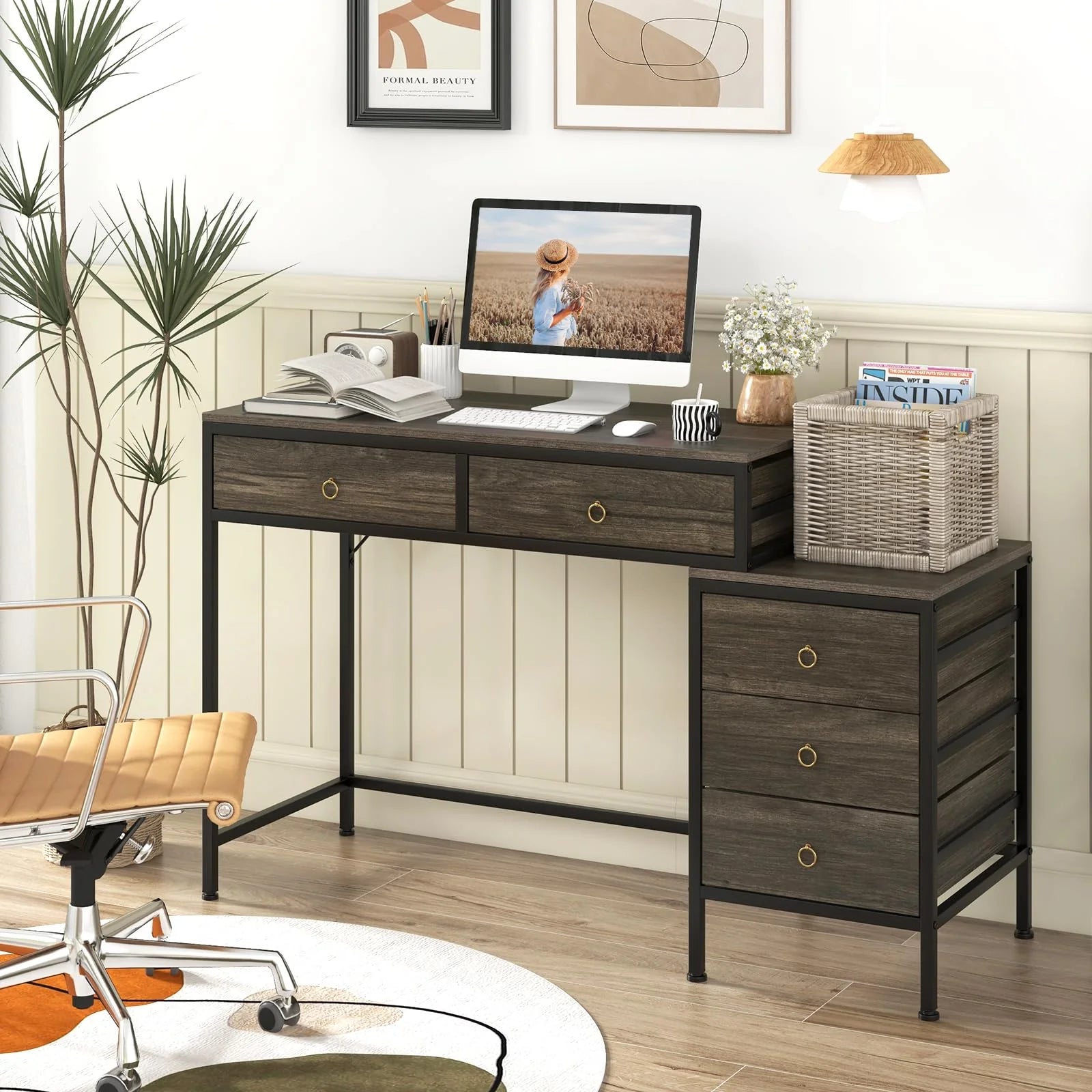 Tangkula 51" Home Office Desk with Printer Stand - Rustic Brown