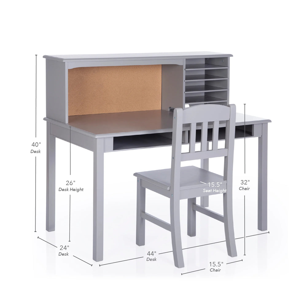Guidecraft Kids Media Desk and Chair Set - Gray: Kids Desk and Chair Set, Study Table for Kids with Hutch and Shelf, Wood Bedroom Furniture Set