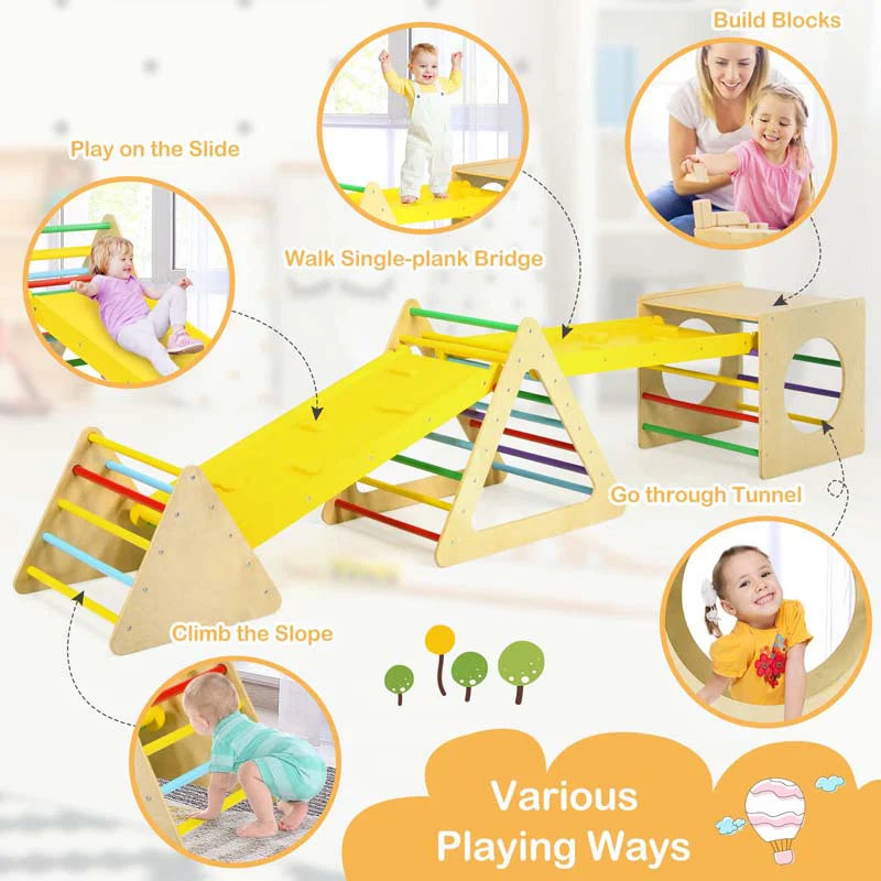 5 in 1 Kids Triangle Climber Play Gym Set with Double Sided Ramps, Indoor Toddler Wooden Climbing Toys for Playground Daycare