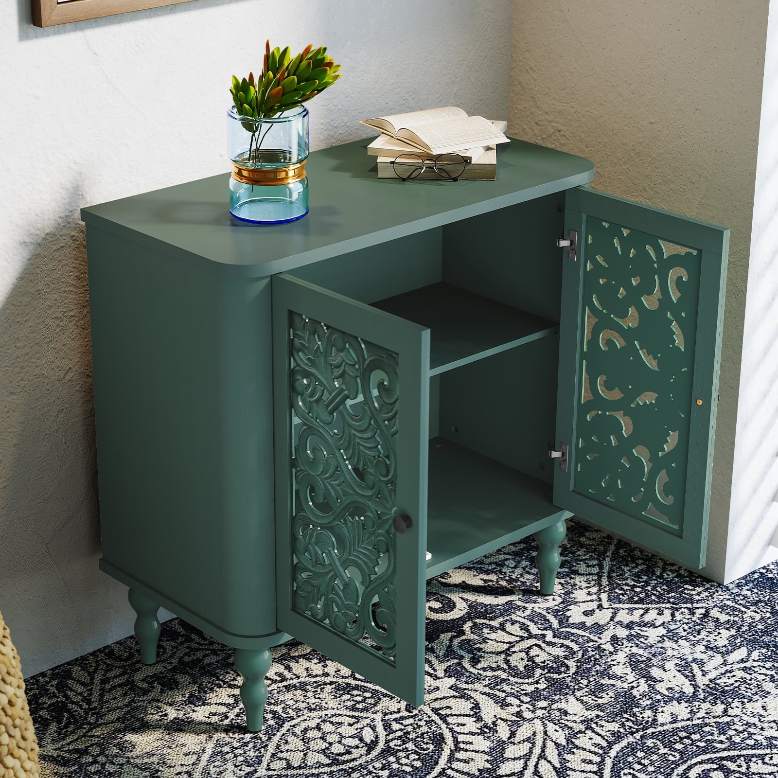 HLR 48" Accent Cabinet with 4 Doors, Vintage Hollow Carving Storage Credenza, Sideboards and Buffets Cabinet for Living Room, Kitchen, Dining Room, Entryway