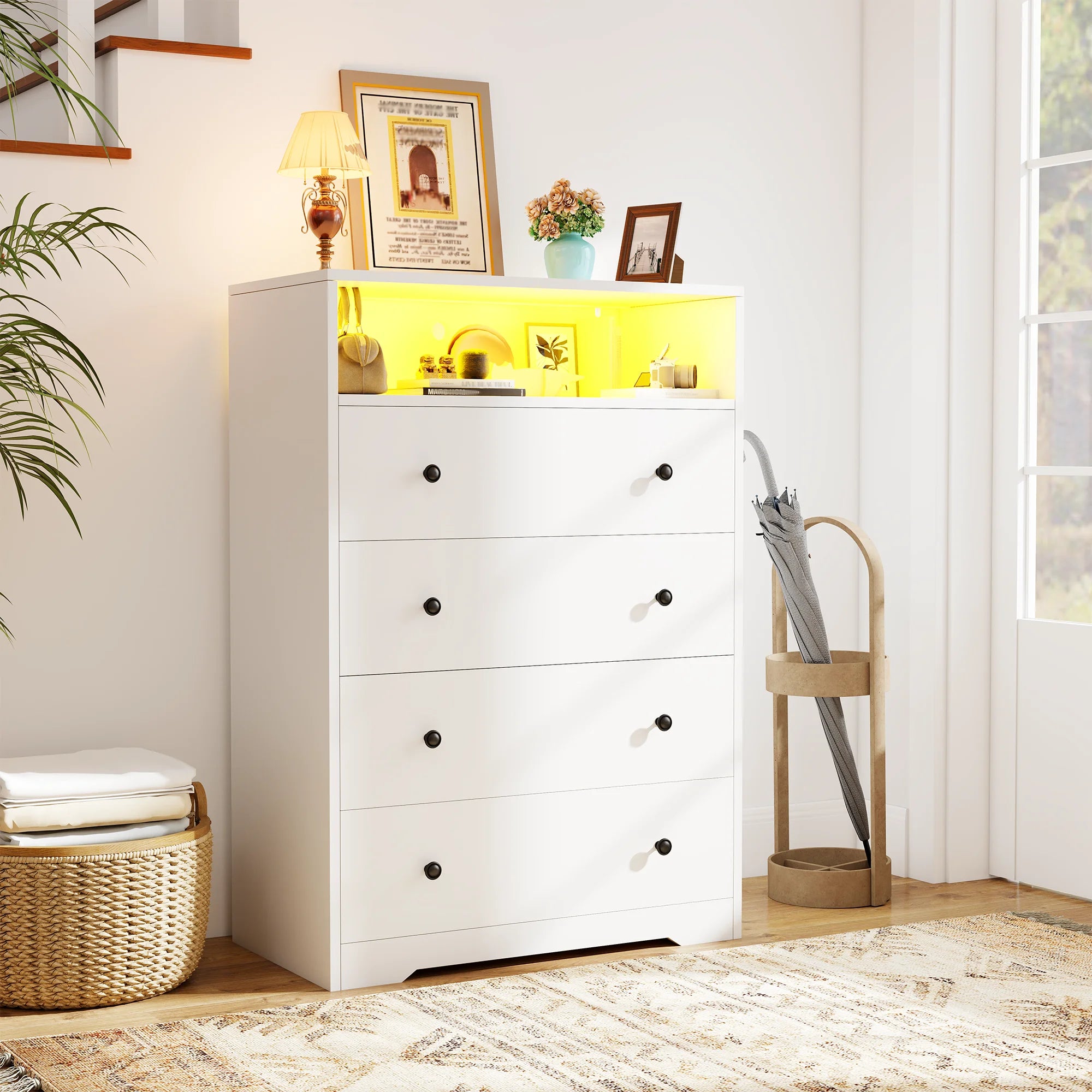 4 - Drawer Black Wood Dresser with LED Lights, Modern Chest of Drawers for Bedroom, Living Room