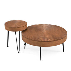 Boho Farmhouse Round Coffee Table Set of 2, Solid Pine Wood Nesting End Table with Metal Legs, Adjustable Foot Pads for Living Room