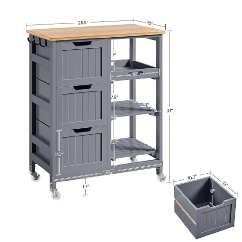Kitchen Island Cart on Wheels with Storage, Rolling Bar Cart with Solid Wood Top and 3 Drawers, 3 Removable Shelves, Serving Utility Carts for Dining Room/Small Kitchen, Dark Gray ???