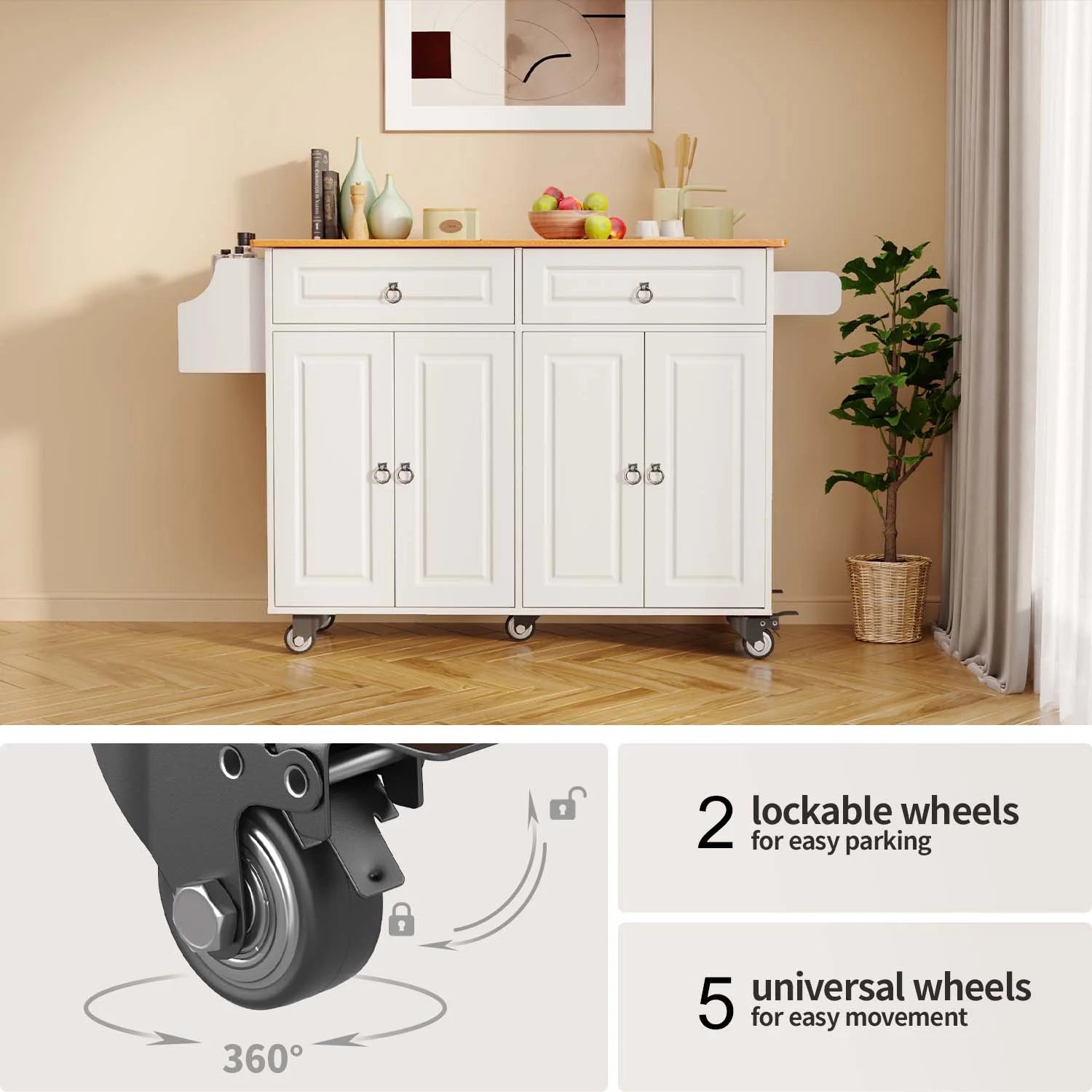 Lofka 52 - Inch Kitchen Island with Storage on Wheels with Wood Drop Leaf, Ideal for Small Kitchens