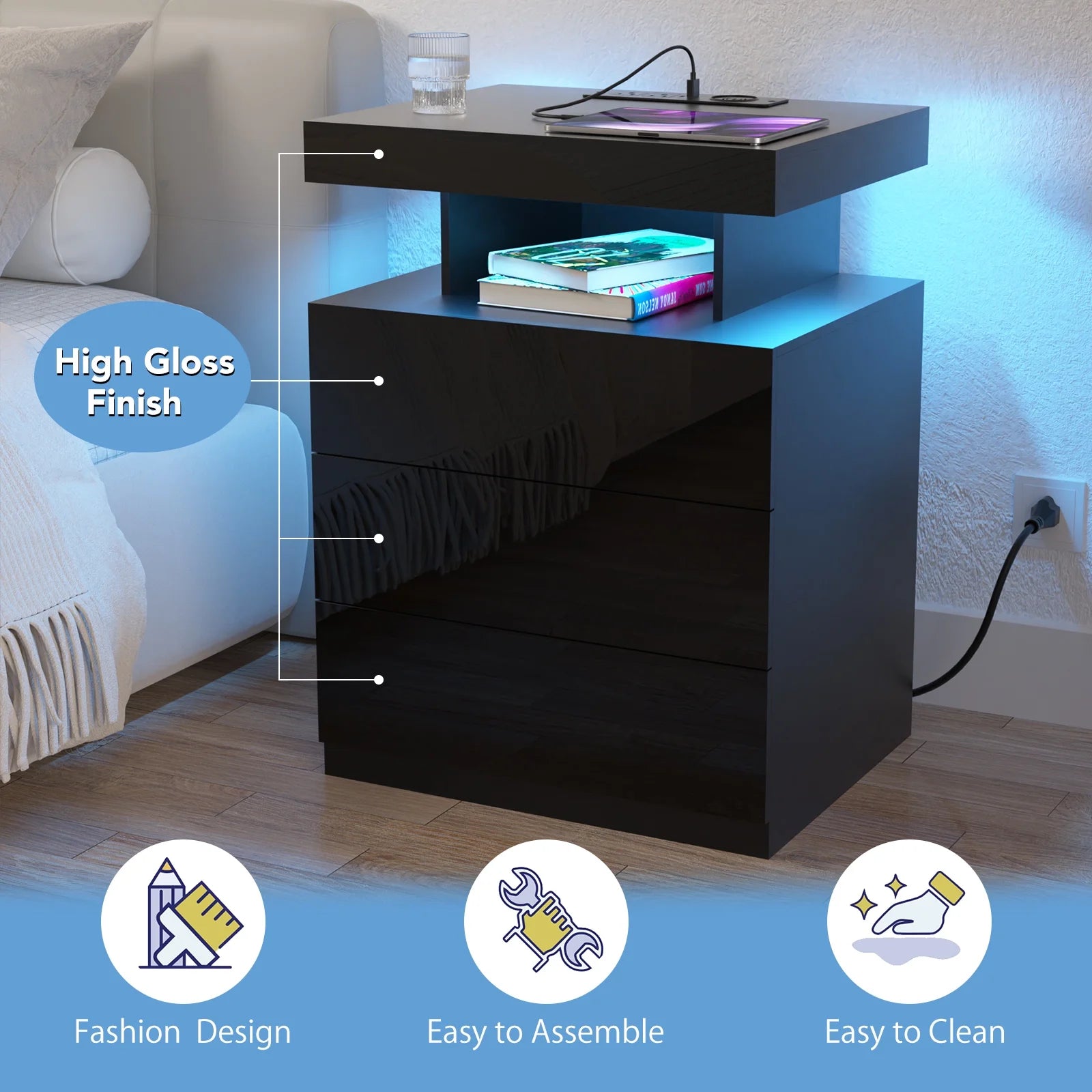Hommpa LED Nightstand Wireless Charging Station USB Type C Outlets Bedside Table 3 Drawers Black Night Table Modern Smart Nightstand High Gloss End Side Table for Bedroom Furniture 26.8" Tall