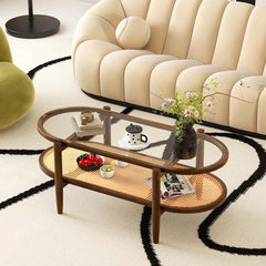 2-Tier Oval Boho Coffee Table with Tempered Glass Top, Rattan Shelf & Acacia Wood Frame, Mid Century Modern Center Table for Living Room Office