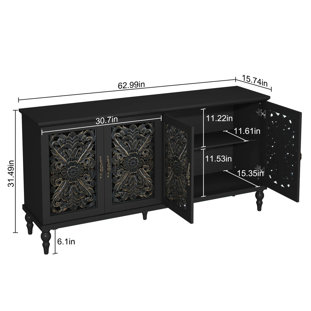 HLR 48" Accent Cabinet with 4 Doors, Vintage Hollow Carving Storage Credenza, Sideboards and Buffets Cabinet for Living Room, Kitchen, Dining Room, Entryway