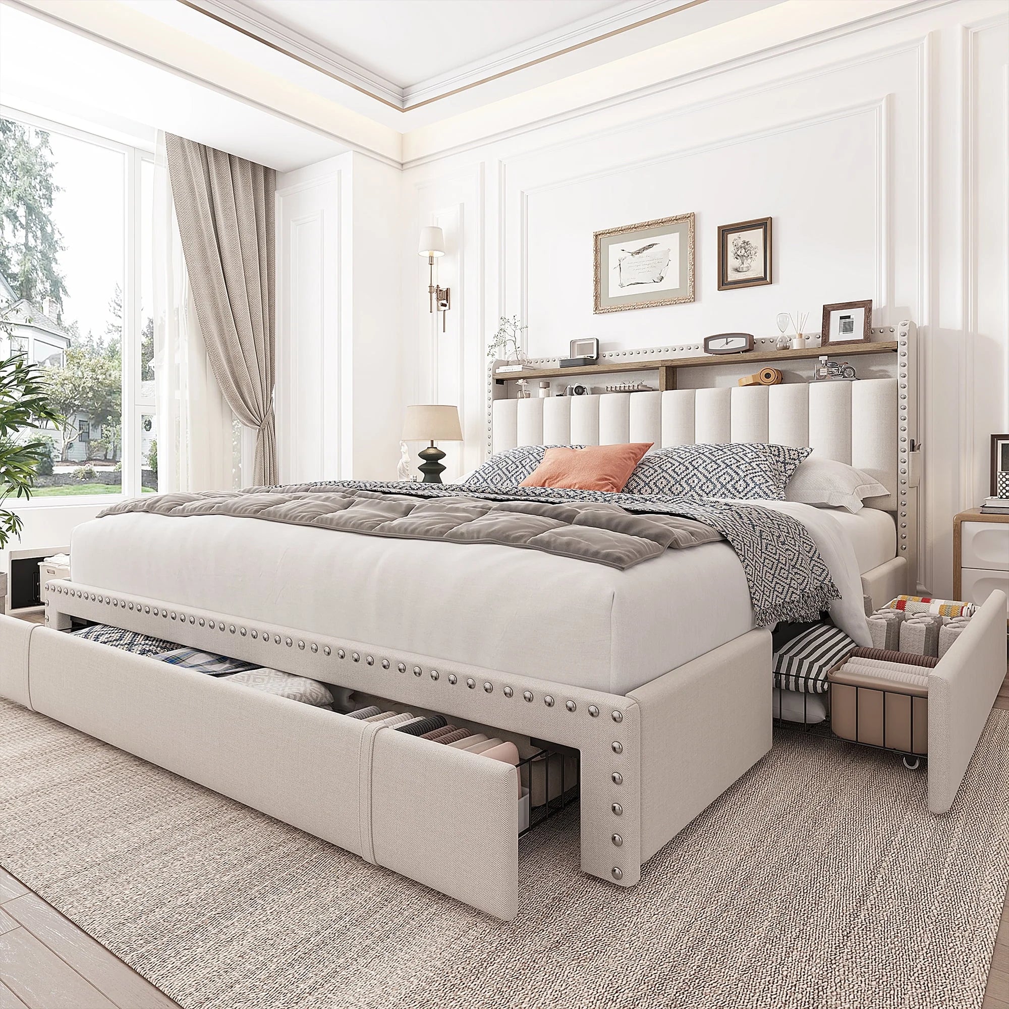 Enhomee Queen Bed Frame with 3 Storage Drawers Upholstered Queen Size Bed Frame with Headboard Noise Free Platform Bed with Metal Frame & Wood Slats Support Beige Bedroom Furniture for Adults Clothes - Queen / Gray / with LED