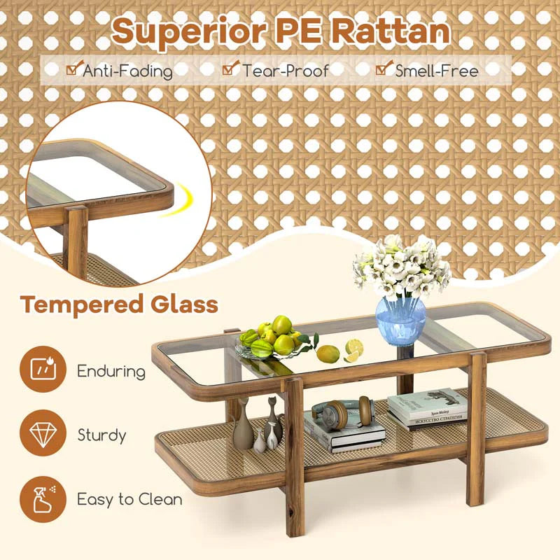 2-Tier Rattan Coffee Table, 47.5" Solid Wood Rectangle Tea Table with Tempered Glass Top & Storage Shelf, Farmhouse Boho Center Table for Living Room