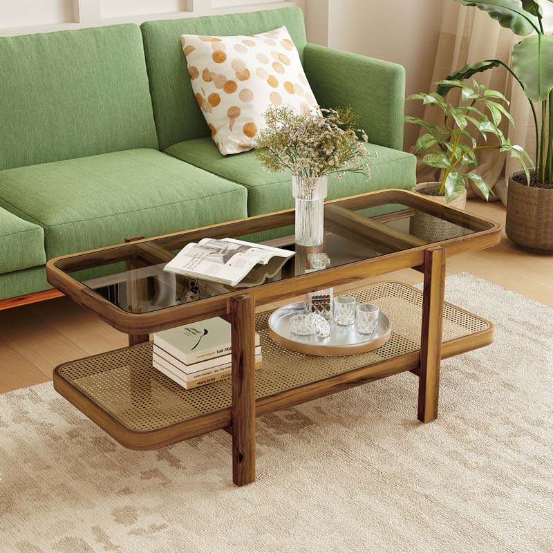 2-Tier Rattan Coffee Table, 47.5" Solid Wood Rectangle Tea Table with Tempered Glass Top & Storage Shelf, Farmhouse Boho Center Table for Living Room