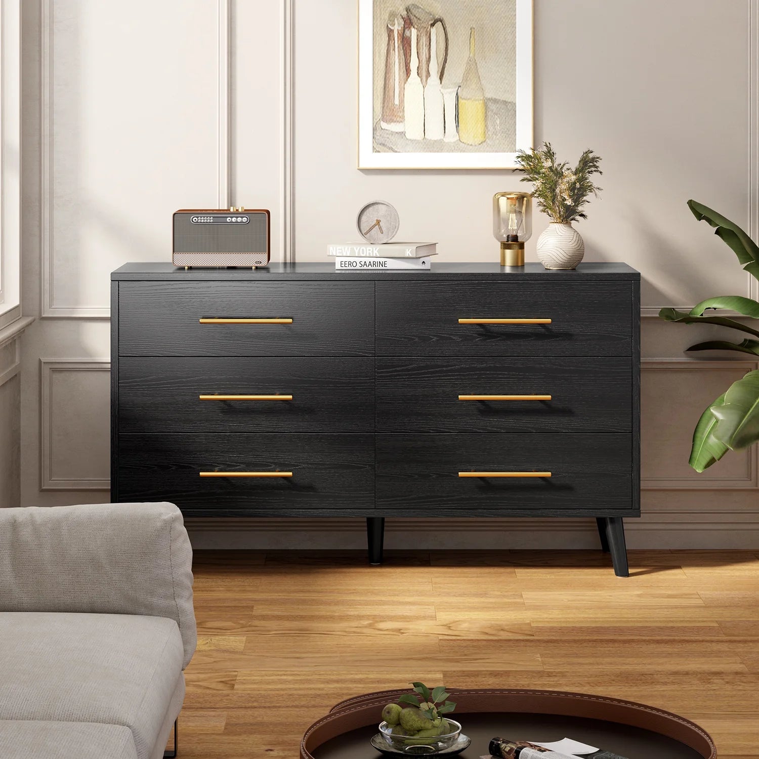 Noelse 3 Piece Bedroom Furniture Set, 6 Drawer Dresser with 2 Nightstands, Modern Wood Storage Organizer with Metal Handles for Bedroom, Living Room, Black