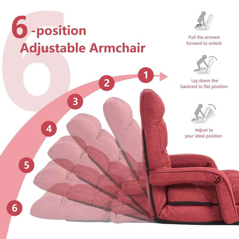 Folding Lazy Sofa Floor Chair with 6-Position Adjustable Backrest, Lumbar Pillow & Armrests, Indoor Chaise Lounge Sofa for Gaming, Living Room