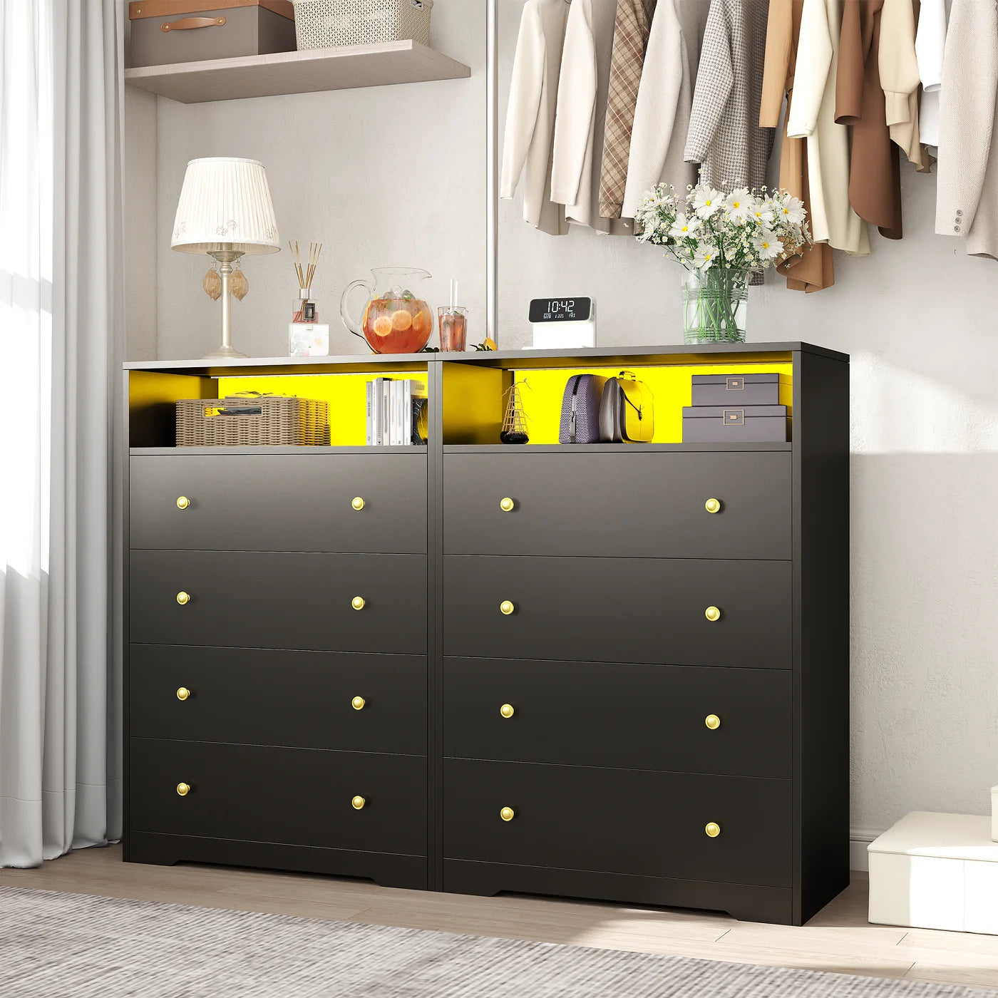 4 - Drawer Black Wood Dresser with LED Lights, Modern Chest of Drawers for Bedroom, Living Room