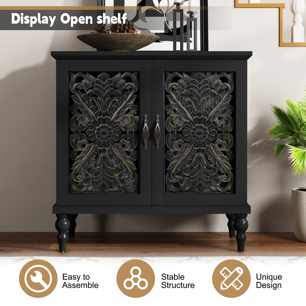 HLR 48" Accent Cabinet with 4 Doors, Vintage Hollow Carving Storage Credenza, Sideboards and Buffets Cabinet for Living Room, Kitchen, Dining Room, Entryway