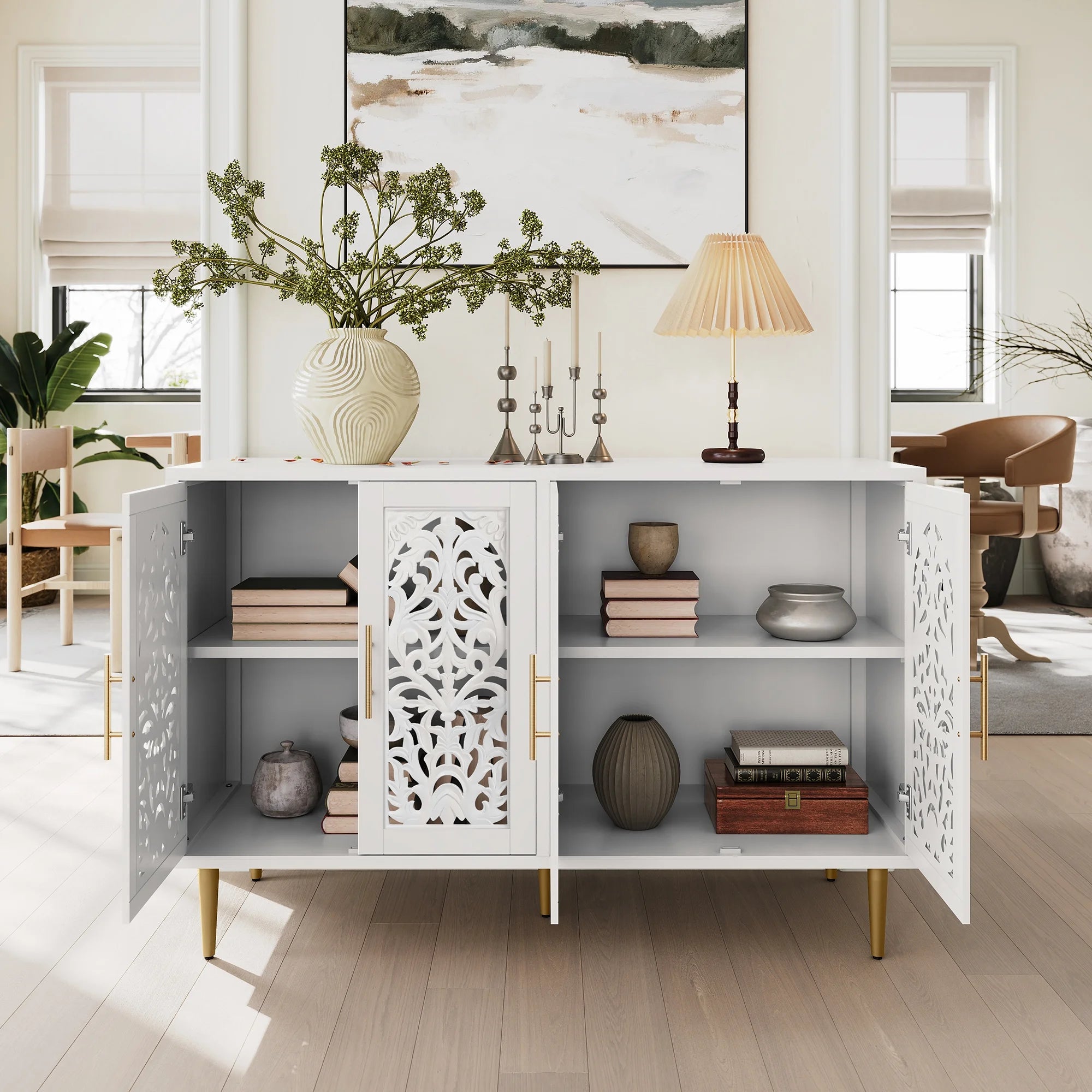 HLR 48" Accent Cabinet with 4 Doors, Vintage Hollow Carving Storage Credenza, Sideboards and Buffets Cabinet for Living Room, Kitchen, Dining Room, Entryway - 48"-4door-Brown