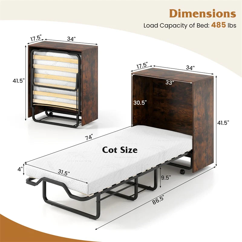 Cot Size Murphy Cabinet Bed with Mattress, 2-in-1 Folding Rollaway Guest Bed into Storage Cabinet with Lockable Wheels for Home Office