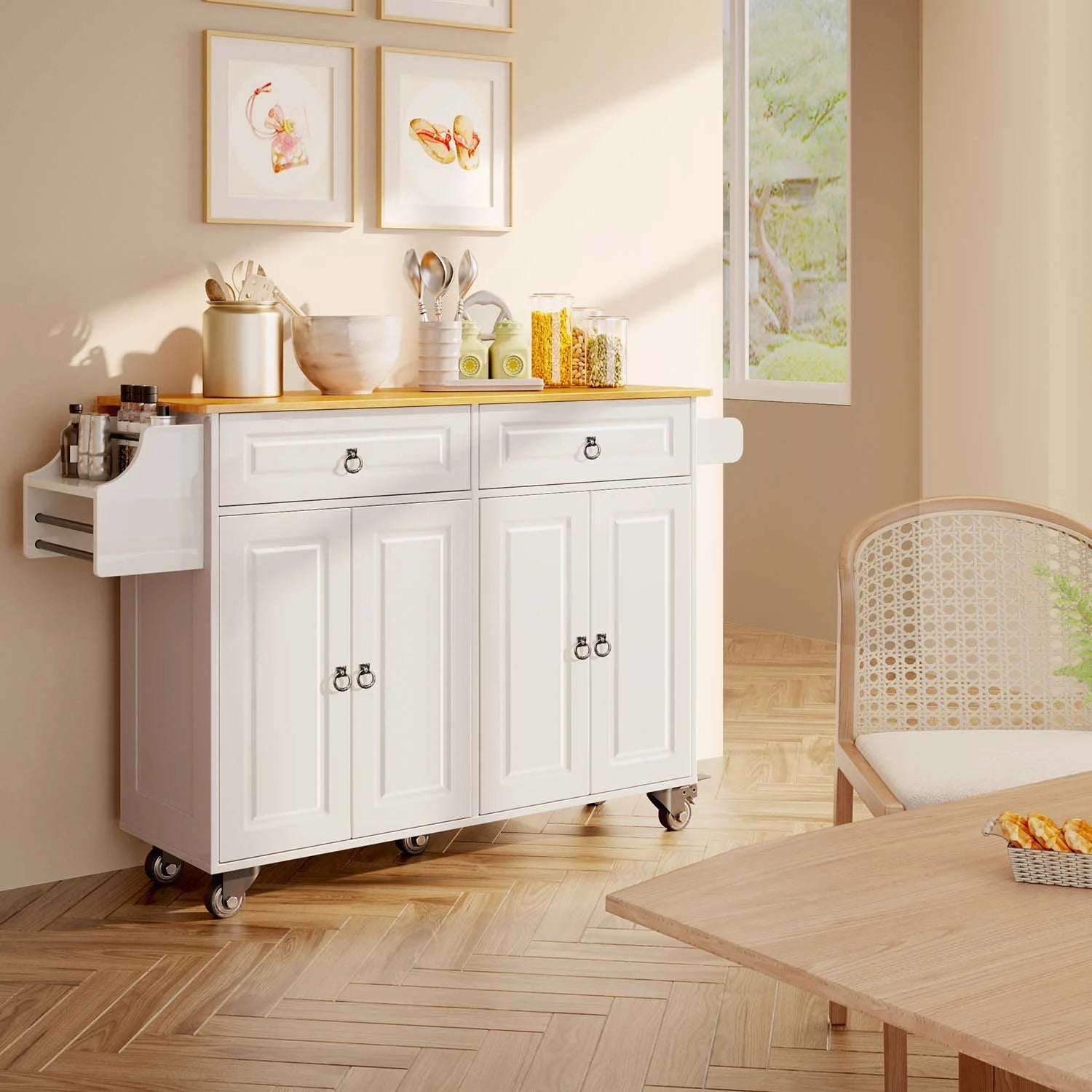 Lofka 52 - Inch Kitchen Island with Storage on Wheels with Wood Drop Leaf, Ideal for Small Kitchens