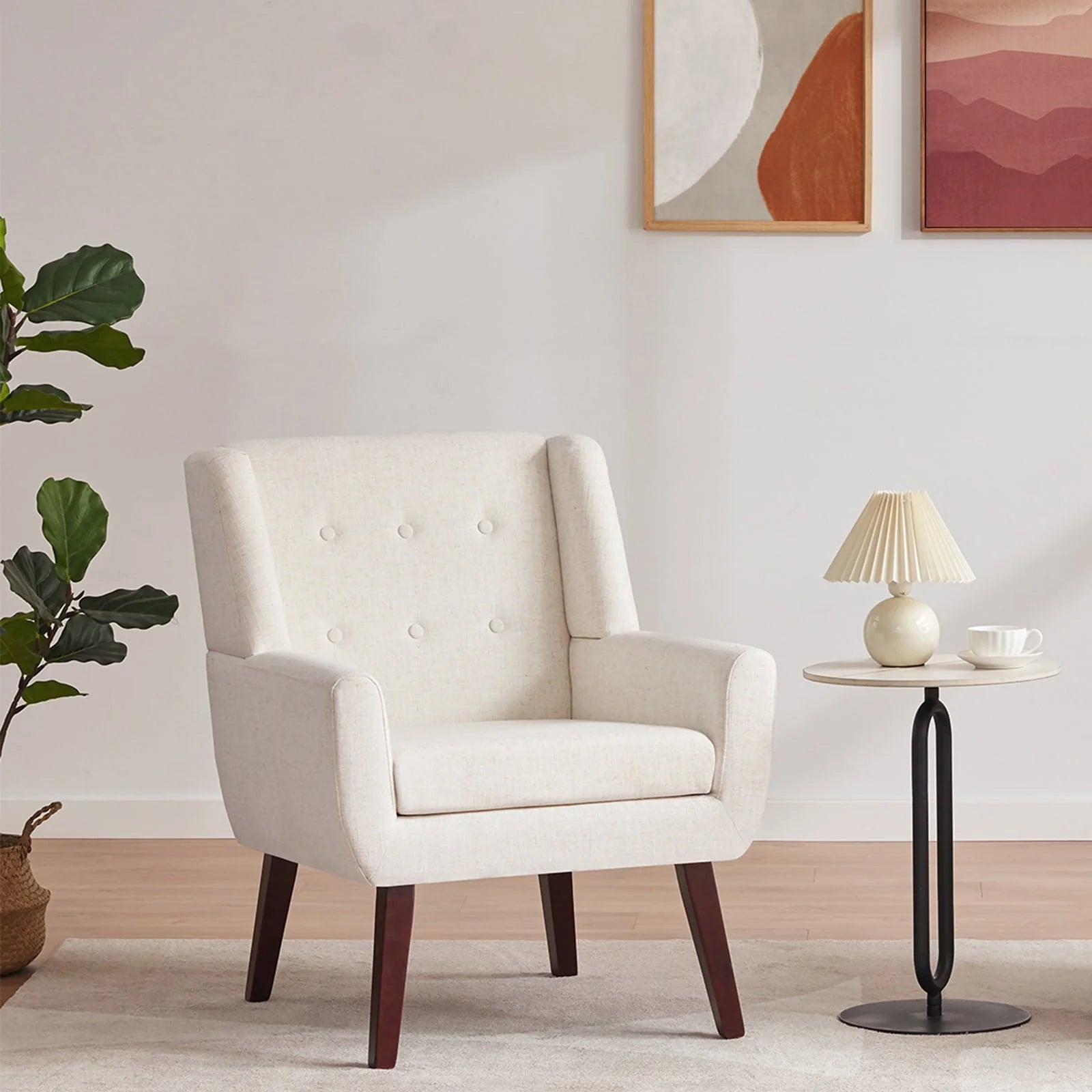 HUIMO Accent Chair, Button - Tufted Upholstered Living Room Chairs, Mid Century Modern Comfy Reading Chairs for Bedroom, Living Room, Beige - Gray